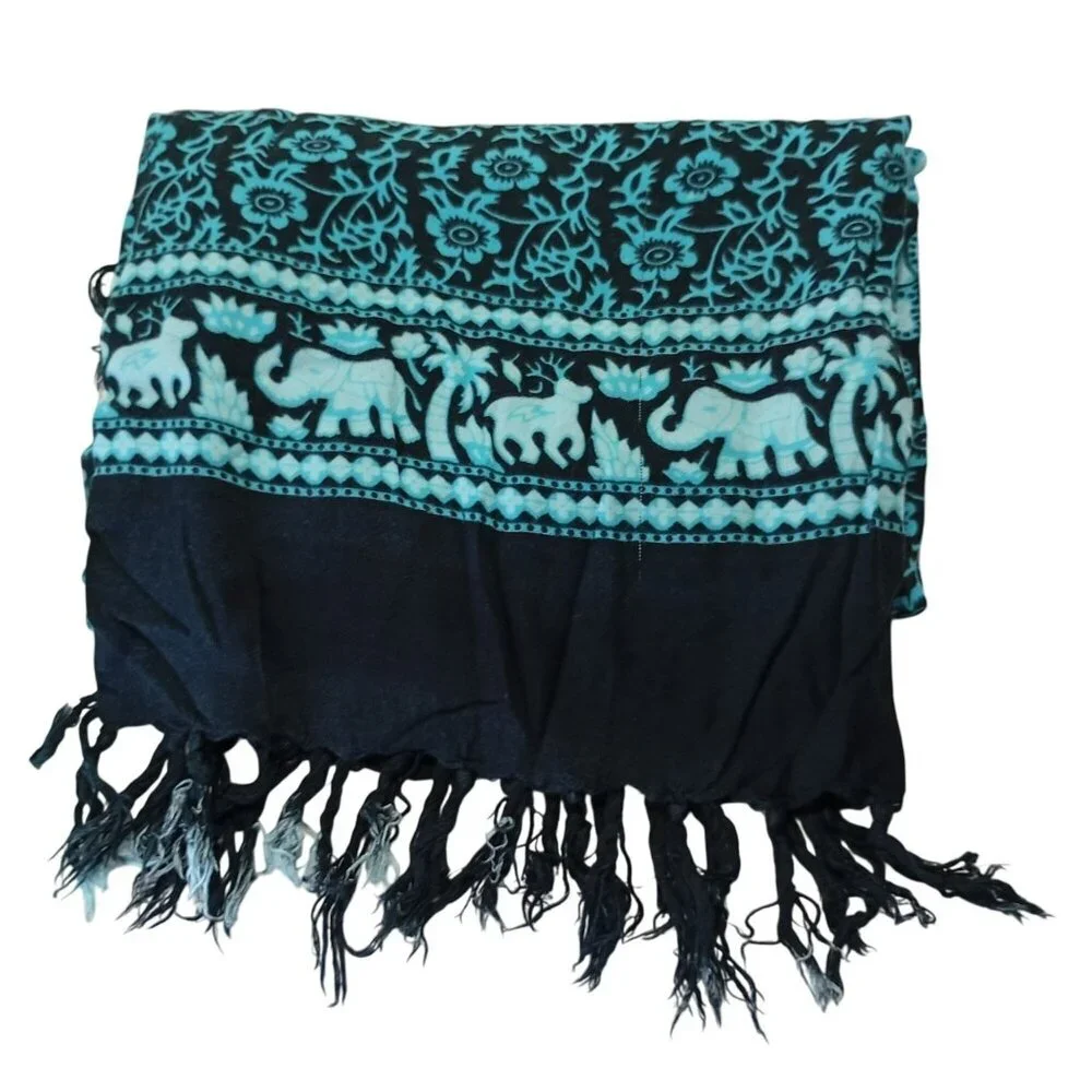 Bagus Scarf Or Throw Elephant Mandala Print Blanket Black & Teal Fringe Edges